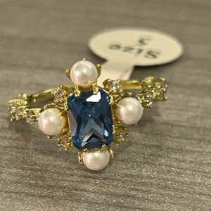 NWOT-Gold Filled Blue CZ & Pearl Statement Ring | Size 5 |